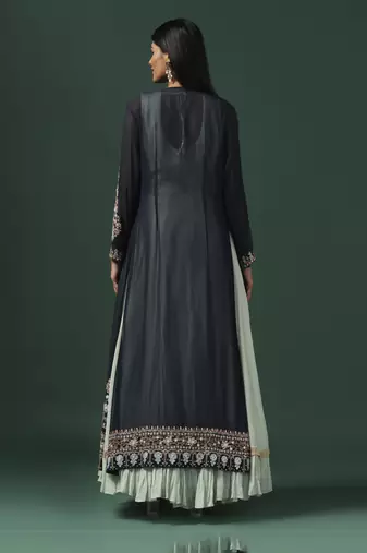Sea green anarkali gown with blue cape