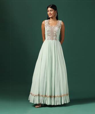 Sea green anarkali gown with blue cape 3
