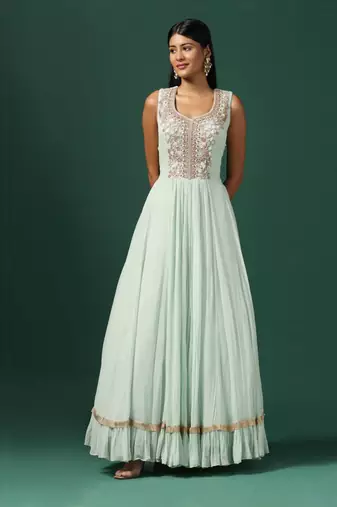 Sea green anarkali gown with blue cape