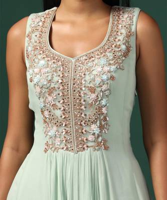Sea green anarkali gown with blue cape 4