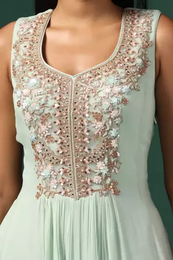 Sea green anarkali gown with blue cape