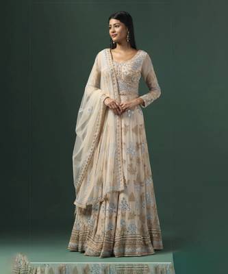 Beige embroidered anarkali gown with dupatta 1