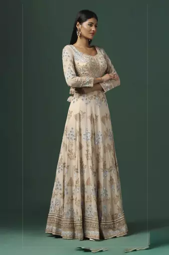 Beige embroidered anarkali gown with dupatta