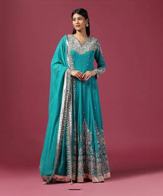 Green silver embroidered anarkali gown with dupatta 1