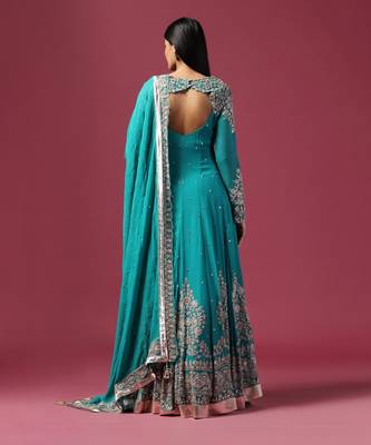 Green silver embroidered anarkali gown with dupatta 2