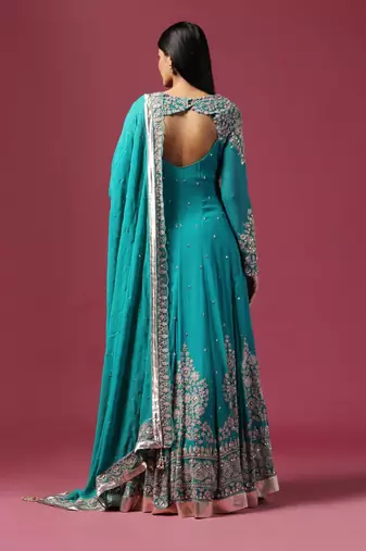 Green silver embroidered anarkali gown with dupatta