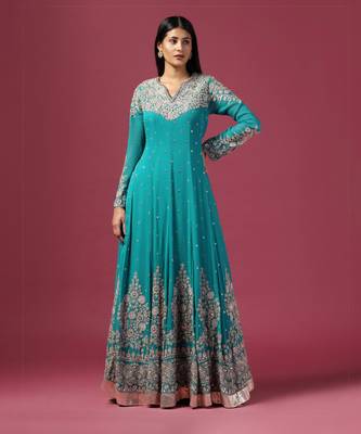 Green silver embroidered anarkali gown with dupatta 3