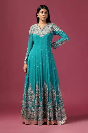 Green silver embroidered anarkali gown with dupatta
