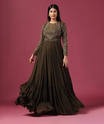 Olive green anarkali gown with dupatta 4