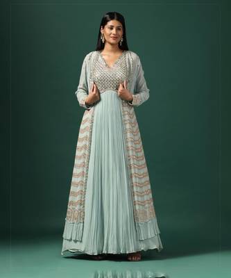 Sea green anarkali gown with cape & dupatta 1