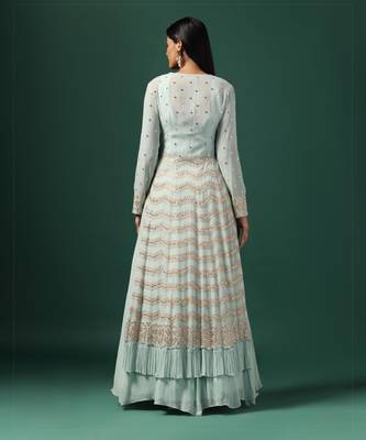 Sea green anarkali gown with cape & dupatta 2