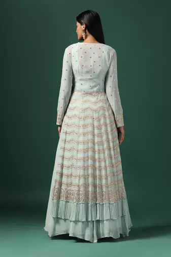 Sea green anarkali gown with cape & dupatta