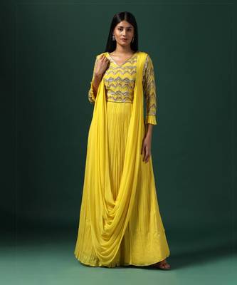 Yellow embroidered georgette gown 1