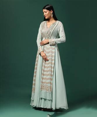 Sea green anarkali gown with cape & dupatta 3