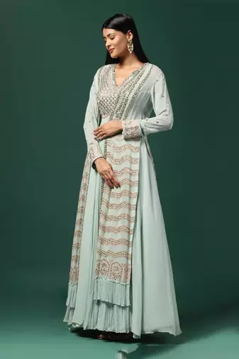 Sea green anarkali gown with cape & dupatta