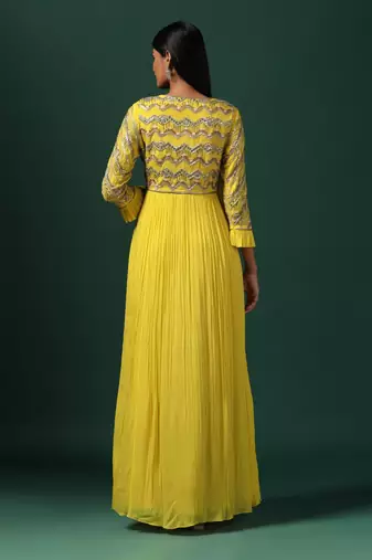 Yellow embroidered georgette gown
