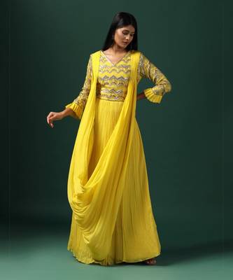 Yellow embroidered georgette gown 3