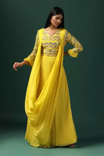 Yellow embroidered georgette gown