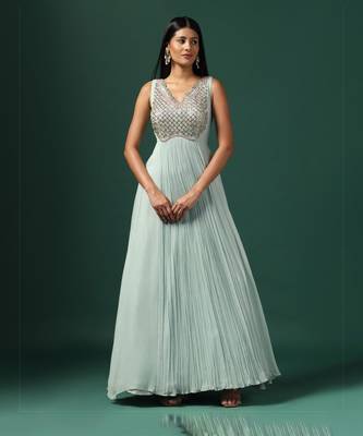 Sea green anarkali gown with cape & dupatta 4