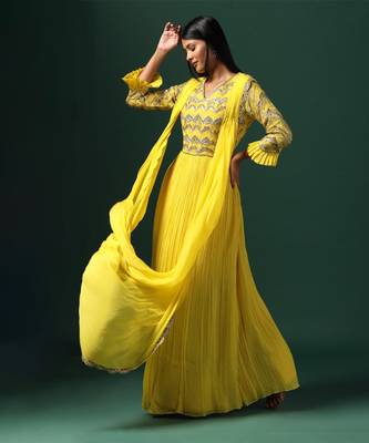 Yellow embroidered georgette gown 4