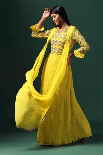 Yellow embroidered georgette gown