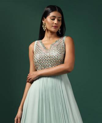 Sea green anarkali gown with cape & dupatta 5