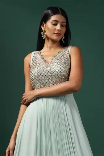 Sea green anarkali gown with cape & dupatta