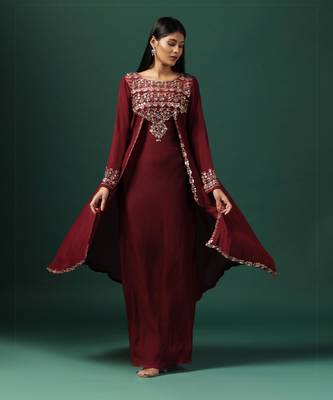 Maroon cape style georgette gown 1
