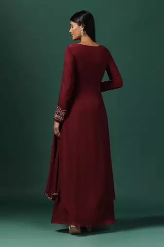 Maroon cape style georgette gown