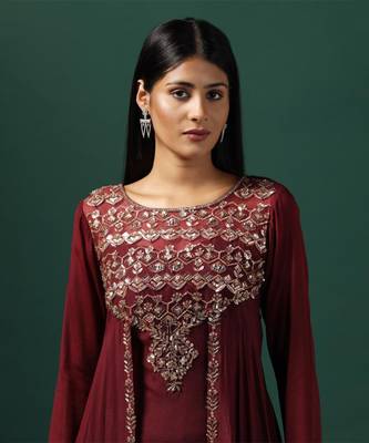 Maroon cape style georgette gown 4