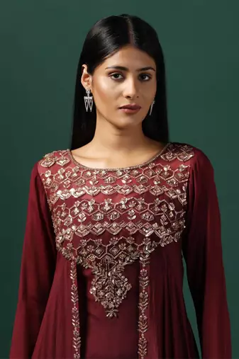 Maroon cape style georgette gown