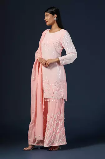 Pink embroidered kurta set with pants & dupatta