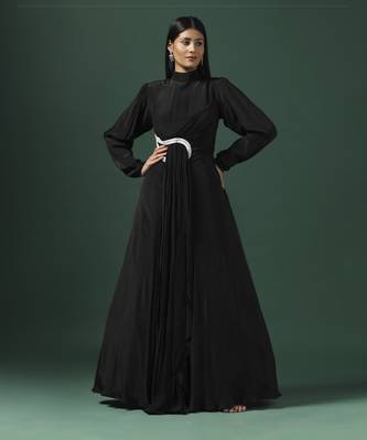 Black draped gown with pearl and crystal motif 1