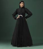 Black draped gown with pearl and crystal motif