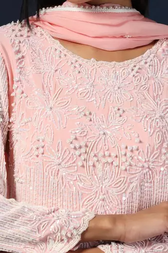 Pink embroidered kurta set with pants & dupatta