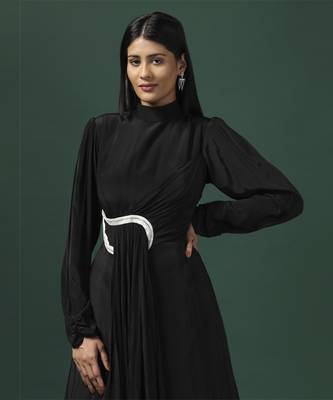 Black draped gown with pearl and crystal motif 2
