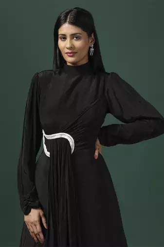 Black draped gown with pearl and crystal motif