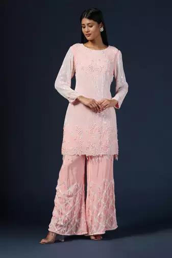 Pink embroidered kurta set with pants & dupatta