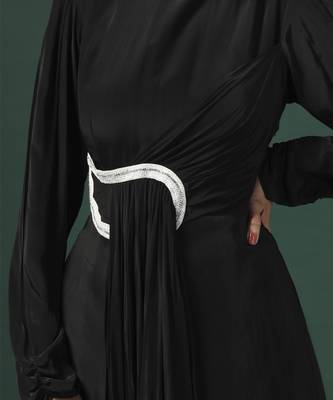 Black draped gown with pearl and crystal motif 3