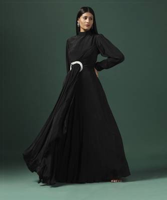 Black draped gown with pearl and crystal motif 4