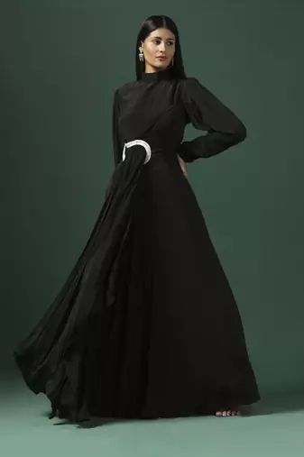 Black draped gown with pearl and crystal motif