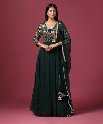 Green anarkali gown with antique gold sequin work 1