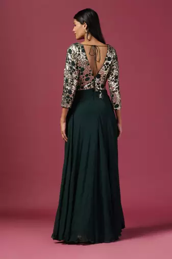 Green anarkali gown with antique gold sequin work