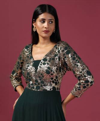 Green anarkali gown with antique gold sequin work 3