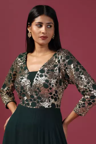 Green anarkali gown with antique gold sequin work