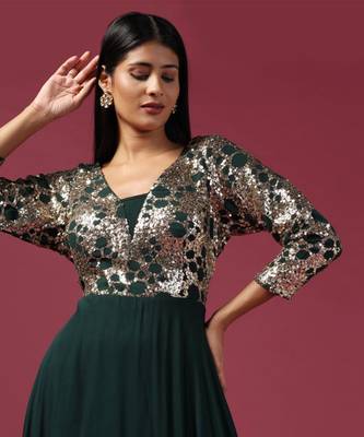 Green anarkali gown with antique gold sequin work 4