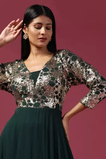 Green anarkali gown with antique gold sequin work