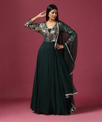 Green anarkali gown with antique gold sequin work 5