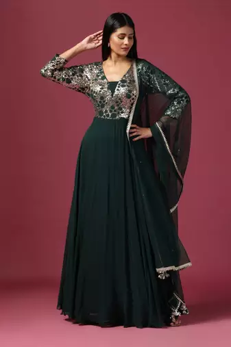 Green anarkali gown with antique gold sequin work