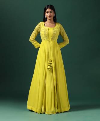 Yellow anarkali gown with embroidered cape 1